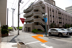 土手まで直進すると突き当たりになります。 土手まで行かず、ひとつ手前の道を右に曲がって直進してください。